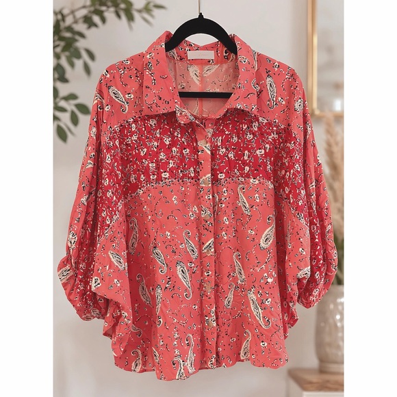 CES FEMME Paisley Collared Button Down Puff 3/4 Sleeve Oversized Blouse! - Picture 5 of 6